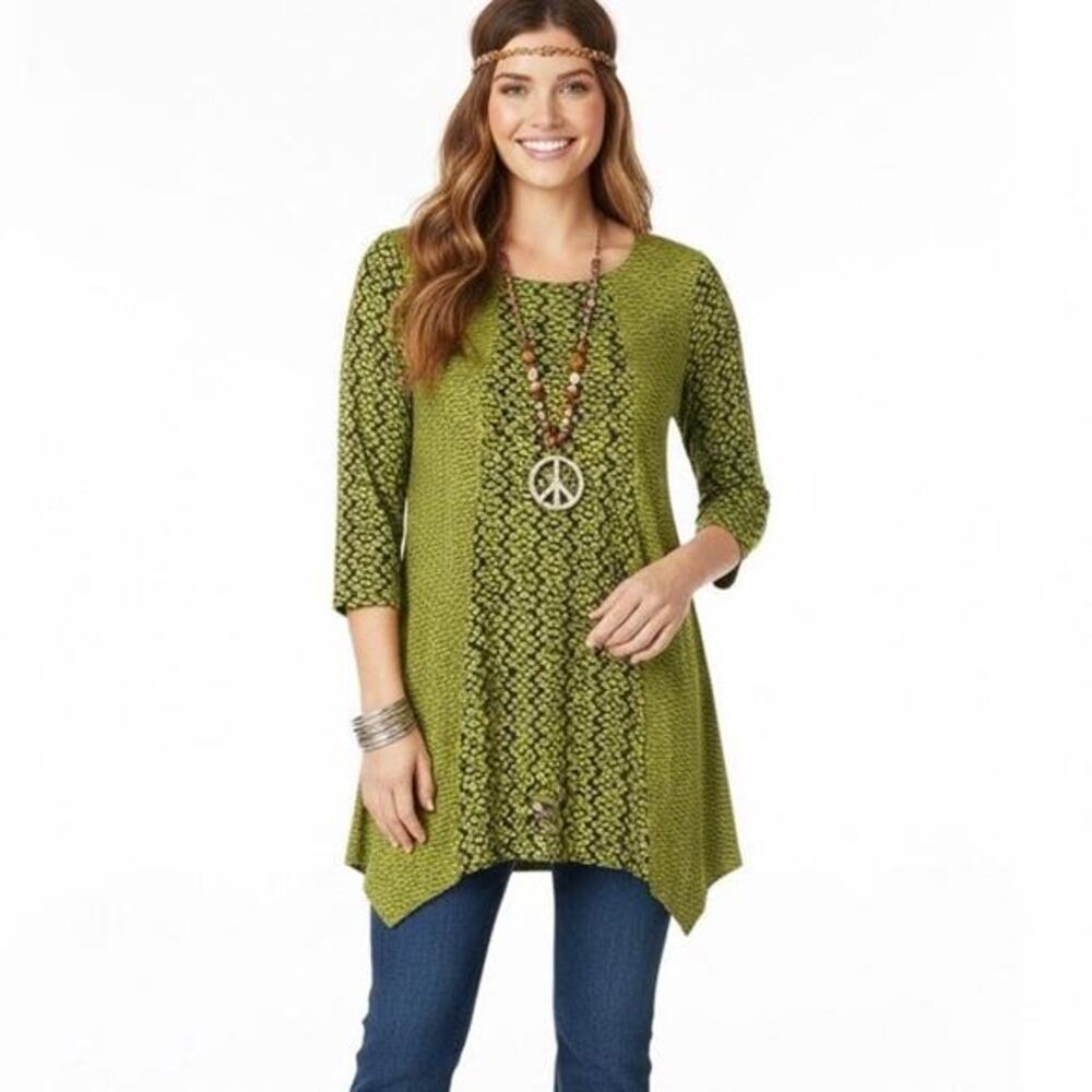 Peck & Peck Patterned Tunic Top Green Black Abstract Artsy Quirky Hippie Size MP